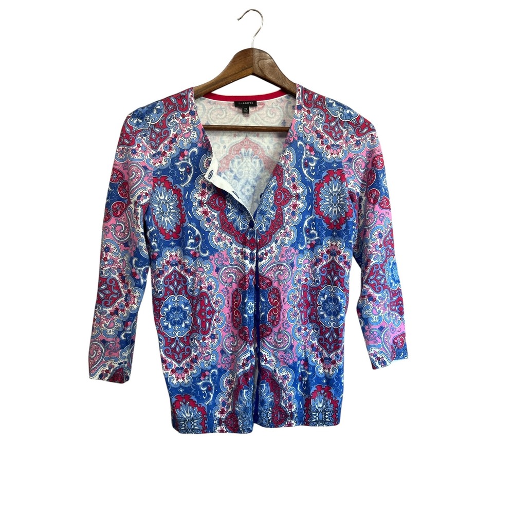 Talbots Cardigan Sweater Blue Pink Paisley Print Cotton Blend Womens